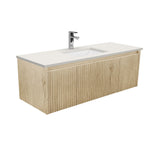 Fienza Sarah Alina Wall Hung Vanity 1200mm 2 Drawers 1 Door Silica Free (No Taphole) Scandi Oak / Roman Sand Top SA120RSC-0-SF