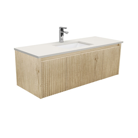 Fienza Sarah Alina Wall Hung Vanity 1200mm 2 Drawers 1 Door Silica Free (No Taphole) Scandi Oak / Roman Sand Top SA120RSC-0-SF
