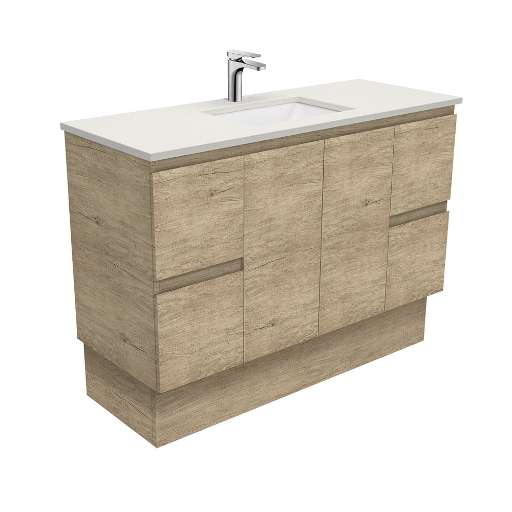 Fienza Sarah Edge On Kickboard Vanity 1200mm Silica Free (No Taphole) Scandi Oak / Roman Sand Top SA120SK-0-SF