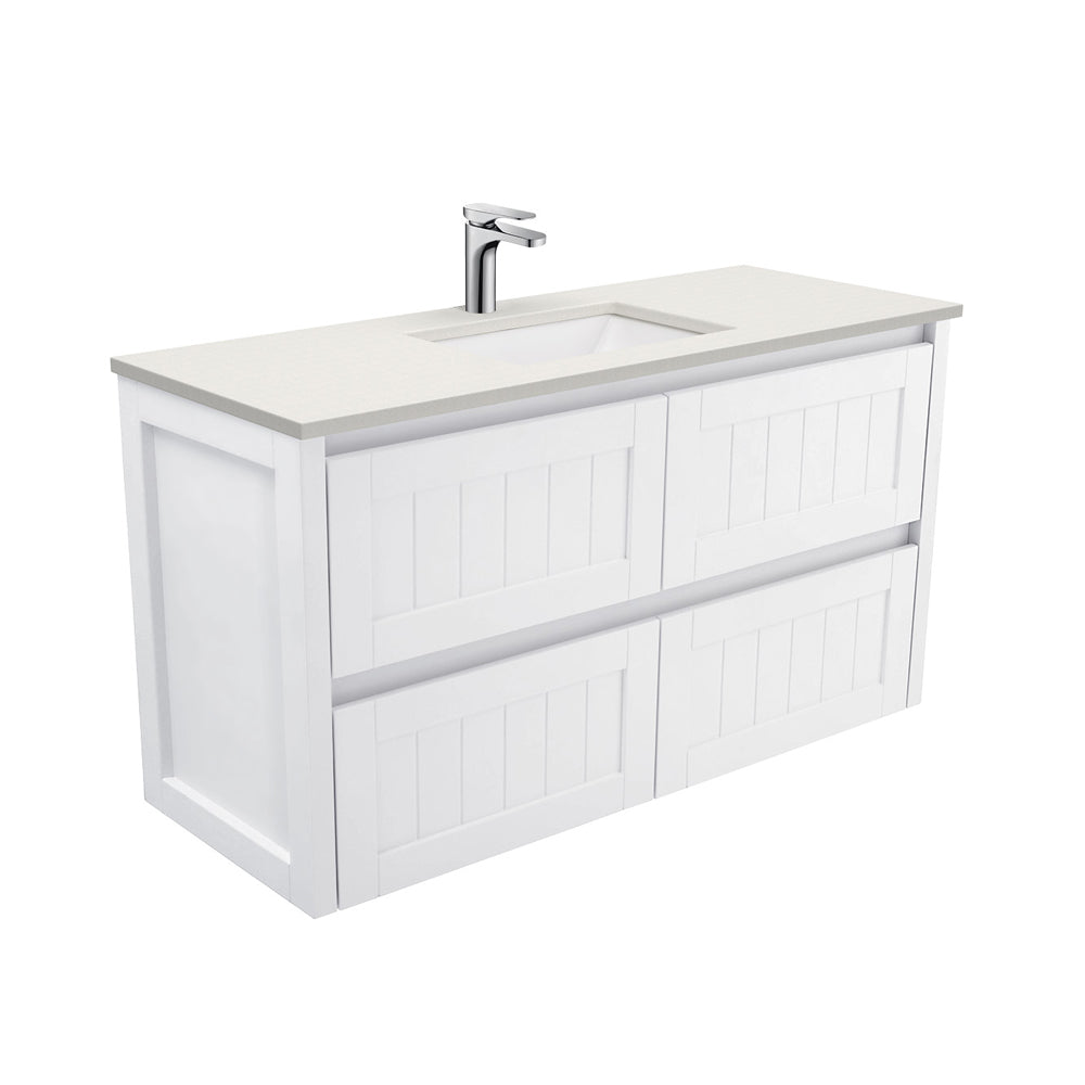Fienza Sarah Hampton Wall Hung Vanity 1200mm Silica Free (No Taphole) White / Roman Sand Top SA120T-0-SF