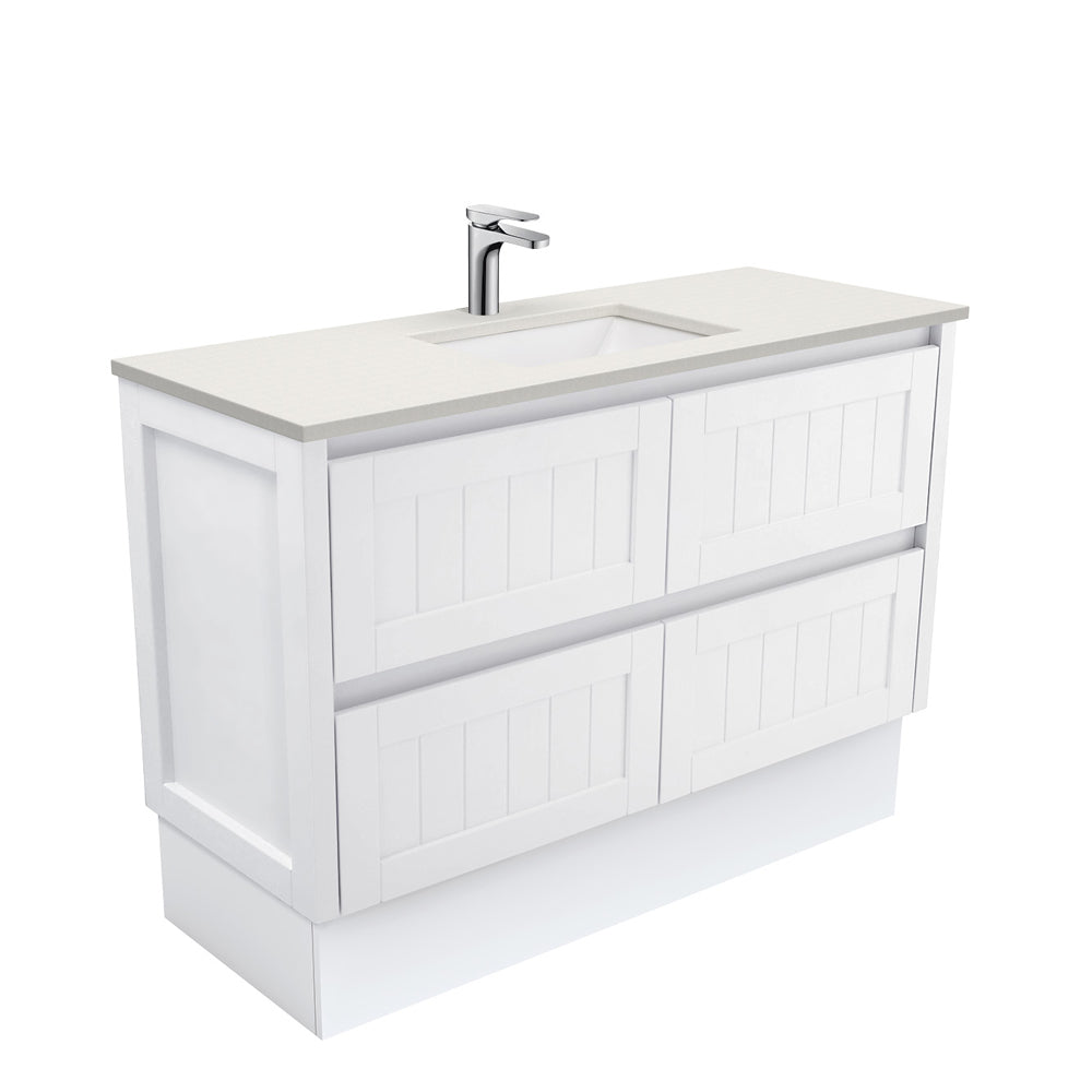 Fienza Sarah Hampton On Kickboard Vanity 1200mm Silica Free (No Taphole) White / Roman Sand Top SA120TK-0-SF