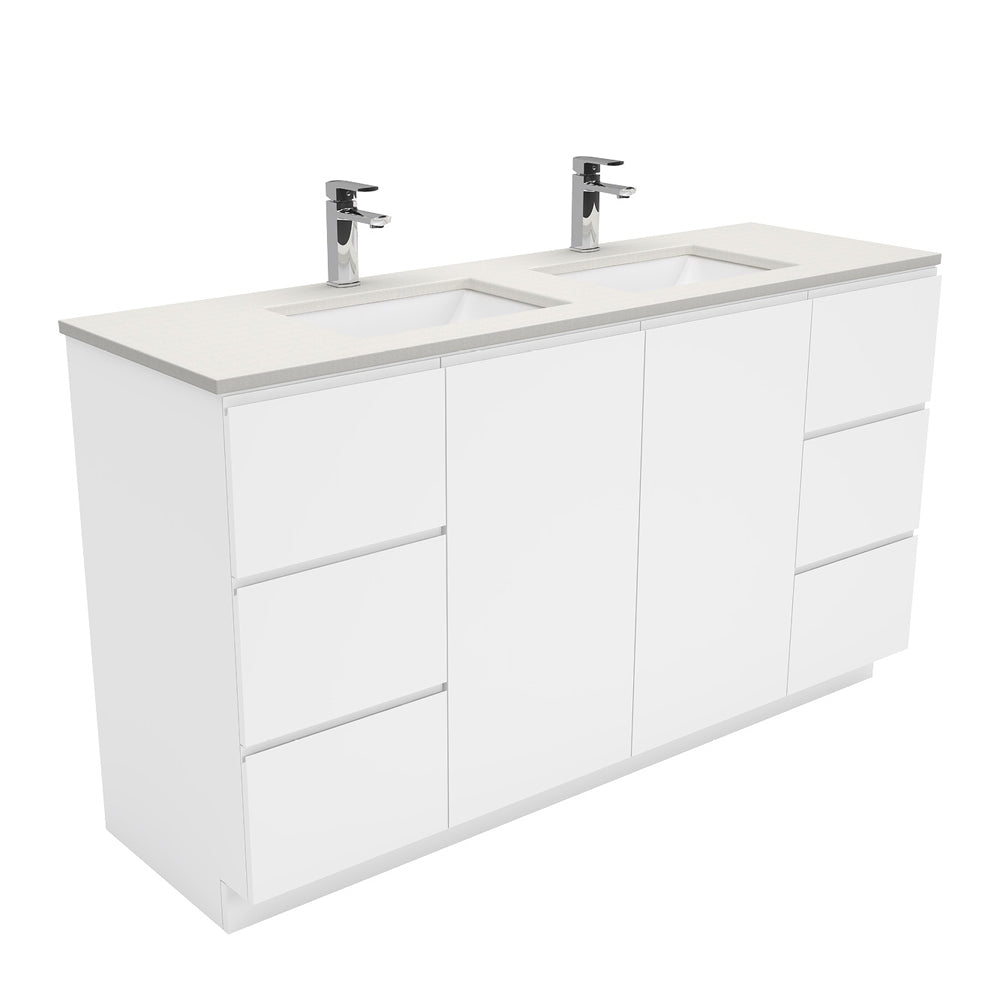 Fienza Sarah Fingerpull On Kickboard Vanity 1500mm Double Bowl Silica Free (No Taphole) White / Roman Sand Top SA150CD-0-SF