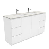 Fienza Sarah Fingerpull On Kickboard Vanity 1500mm Double Bowl Silica Free (No Taphole) White / Roman Sand Top SA150CD-0-SF