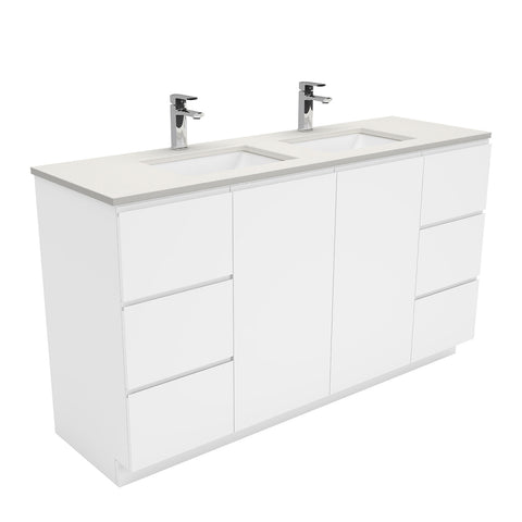 Fienza Sarah Fingerpull On Kickboard Vanity 1500mm Double Bowl Silica Free (No Taphole) White / Roman Sand Top SA150CD-0-SF
