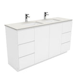 Fienza Sarah Roman Sand Fingerpull On Kickboard Vanity Double Bowl (1 Taphole) 1500mm Silica Free Gloss White SA150CD-SF