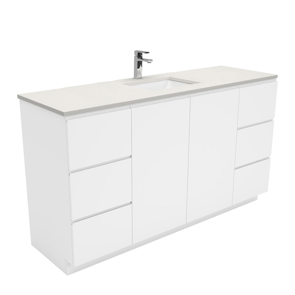 Fienza Sarah Fingerpull On Kickboard Vanity 1500mm Single Bowl Silica Free (No Taphole) White / Roman Sand Top SA150CS-0-SF