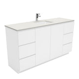 Fienza Sarah Fingerpull On Kickboard Vanity 1500mm Single Bowl Silica Free (No Taphole) White / Roman Sand Top SA150CS-0-SF