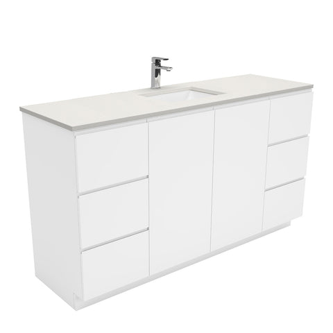 Fienza Sarah Fingerpull On Kickboard Vanity 1500mm Single Bowl Silica Free (No Taphole) White / Roman Sand Top SA150CS-0-SF