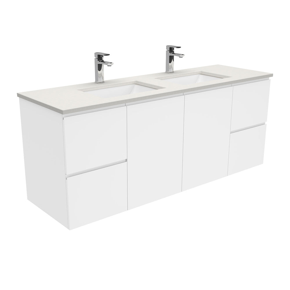 Fienza Sarah Fingerpull Wall Hung Vanity 1500mm Double Bowl Silica Free (No Taphole) White / Roman Sand Top SA150FD-0-SF