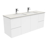 Fienza Sarah Fingerpull Wall Hung Vanity 1500mm Double Bowl Silica Free (No Taphole) White / Roman Sand Top SA150FD-0-SF
