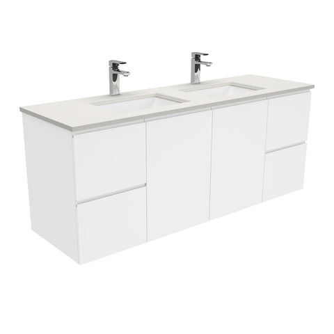 Fienza Sarah Fingerpull Wall Hung Vanity 1500mm Double Bowl Silica Free (No Taphole) White / Roman Sand Top SA150FD-0-SF