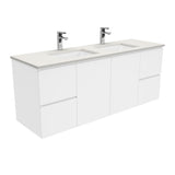 Fienza Sarah Roman Sand Wall Hung Fingerpull Vanity Double Bowl (1 Taphole) 1500mm Silica Free Gloss White SA150FD-SF