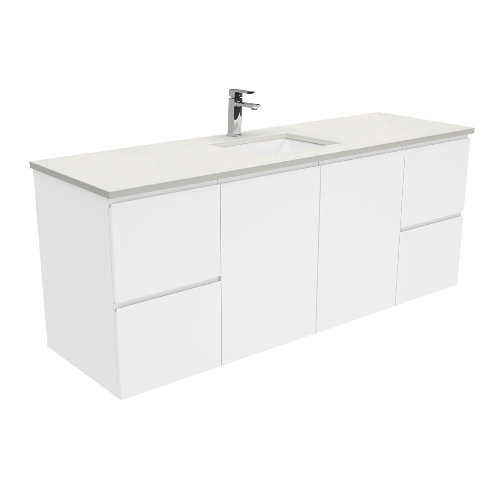Fienza Sarah Fingerpull Wall Hung Vanity 1500mm Single Bowl Silica Free (No Taphole) White / Roman Sand Top SA150FS-0-SF