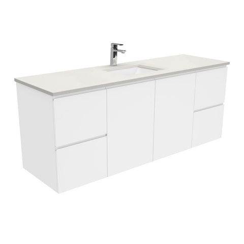 Fienza Sarah Fingerpull Wall Hung Vanity 1500mm Single Bowl Silica Free (No Taphole) White / Roman Sand Top SA150FS-0-SF