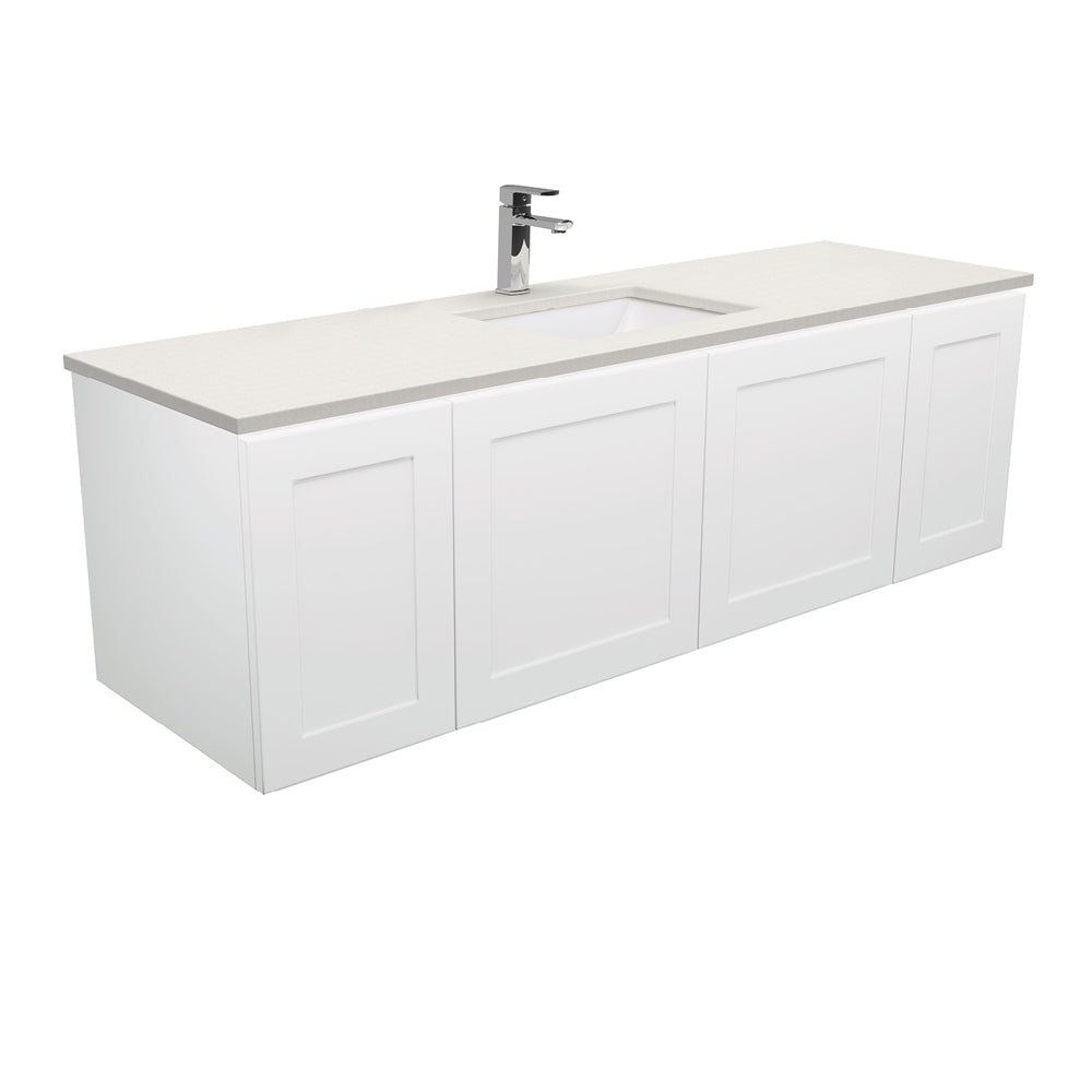 Fienza Sarah Mila Shaker Wall Hung Vanity 1500mm Single Bowl No Handles Silica Free (No Taphole) White / Roman Sand Top SA150M-0-SF