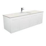 Fienza Sarah Mila Shaker Wall Hung Vanity 1500mm Single Bowl No Handles Silica Free (No Taphole) White / Roman Sand Top SA150M-0-SF