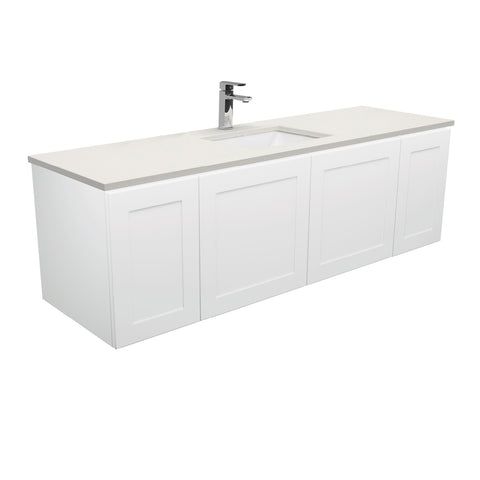 Fienza Sarah Mila Shaker Wall Hung Vanity 1500mm Single Bowl No Handles Silica Free (No Taphole) White / Roman Sand Top SA150M-0-SF