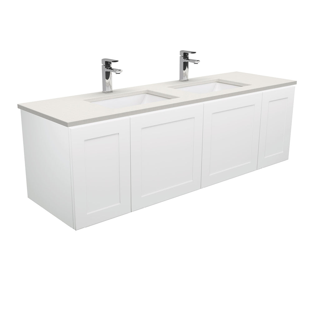 Fienza Sarah Mila Shaker Wall Hung Vanity 1500mm Double Bowl No Handles Silica Free (No Taphole) White / Roman Sand Top SA150MD-0-SF