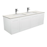 Fienza Sarah Mila Shaker Wall Hung Vanity 1500mm Double Bowl No Handles Silica Free (No Taphole) White / Roman Sand Top SA150MD-0-SF