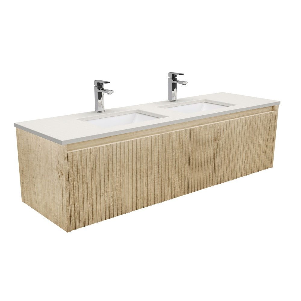 Fienza Sarah Alina Wall Hung Vanity 1500mm Dbl Bowl 2 Drawers Silica Free (No Taphole) Scandi Oak / Roman Sand Top SA150RSCD-0-SF