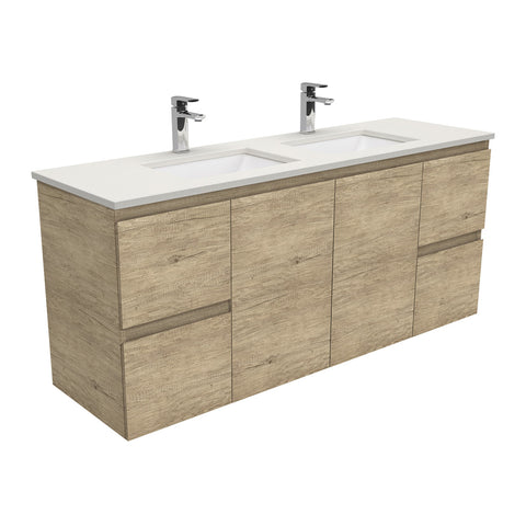 Fienza Sarah Edge Wall Hung Vanity 1500mm Double Bowl Silica Free (No Taphole) Scandi Oak / Roman Sand Top SA150SD-0-SF
