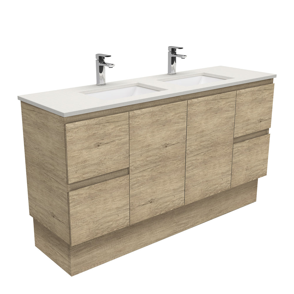 Fienza Sarah Edge On Kickboard Vanity 1500mm Double Bowl Silica Free (No Taphole) Scandi Oak / Roman Sand Top SA150SKD-0-SF