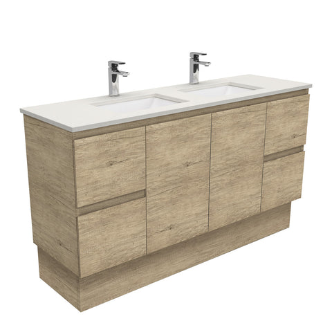 Fienza Sarah Edge On Kickboard Vanity 1500mm Double Bowl Silica Free (No Taphole) Scandi Oak / Roman Sand Top SA150SKD-0-SF