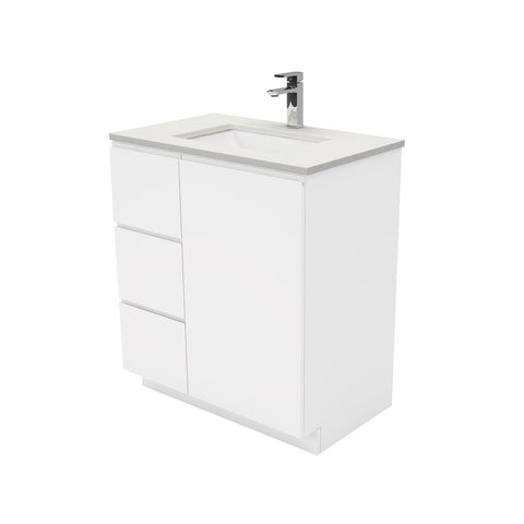 Fienza Sarah Roman Sand Fingerpull On Kickboard Cabinet Left (1 Taphole) 750mm Silica Free Gloss White SA75CL-SF