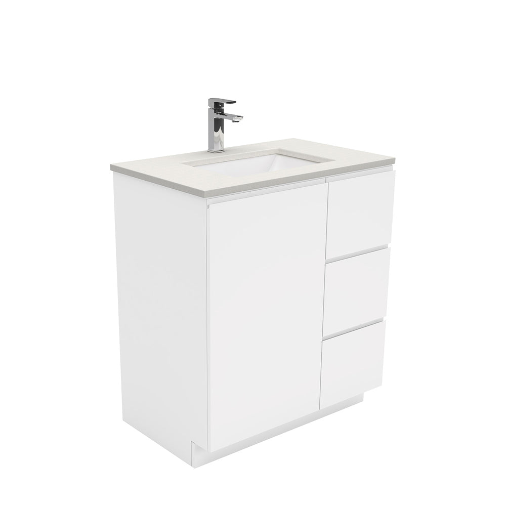 Fienza Sarah Fingerpull On Kickboard Vanity 750mm Right Silica Free (No Taphole) White / Roman Sand Top SA75CR-0-SF