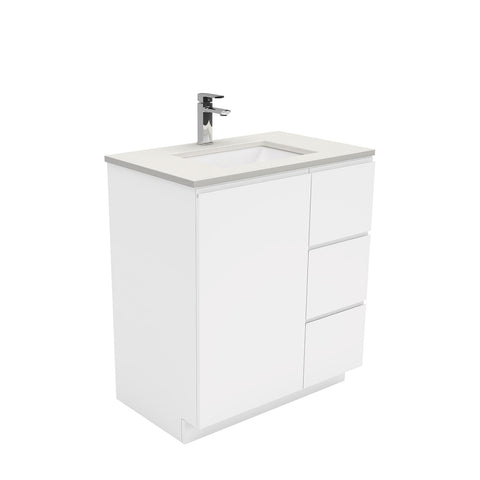 Fienza Sarah Fingerpull On Kickboard Vanity 750mm Right Silica Free (No Taphole) White / Roman Sand Top SA75CR-0-SF
