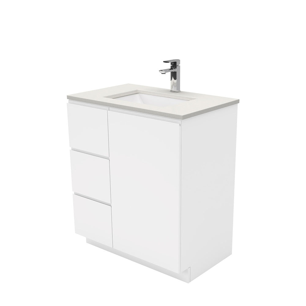 Fienza Sarah Fingerpull On Kickboard Vanity 750mm Left Silica Free (No Taphole) White / Roman Sand Top SA75CL-0-SF