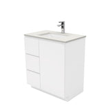 Fienza Sarah Fingerpull On Kickboard Vanity 750mm Left Silica Free (No Taphole) White / Roman Sand Top SA75CL-0-SF