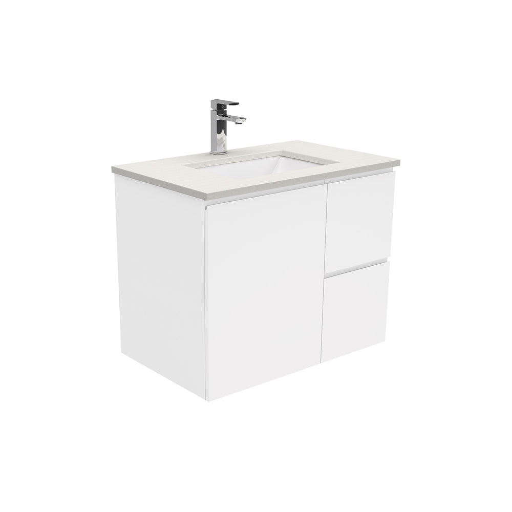 Fienza Sarah Fingerpull Wall Hung Vanity 750mm Right Silica Free (No Taphole) White / Roman Sand Top SA75FR-0-SF