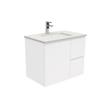 Fienza Sarah Fingerpull Wall Hung Vanity 750mm Right Silica Free (No Taphole) White / Roman Sand Top SA75FR-0-SF
