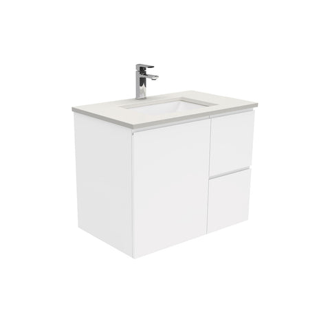 Fienza Sarah Fingerpull Wall Hung Vanity 750mm Right Silica Free (No Taphole) White / Roman Sand Top SA75FR-0-SF