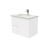 Fienza Sarah Fingerpull Wall Hung Vanity 750mm Left Silica Free (No Taphole) White / Roman Sand Top SA75FL-0-SF
