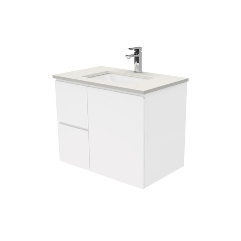 Fienza Sarah Fingerpull Wall Hung Vanity 750mm Left Silica Free (No Taphole) White / Roman Sand Top SA75FL-0-SF