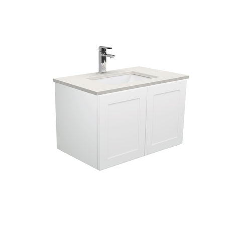 Fienza Sarah Mila Shaker Wall Hung Vanity 750mm Left No Handles Silica Free (No Taphole) White / Roman Sand Top SA75ML-0-SF