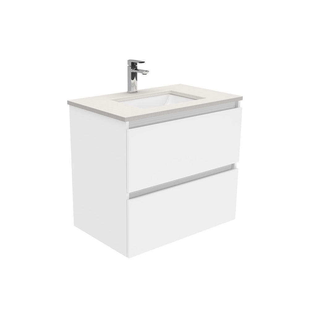 Fienza Sarah Quest Wall Hung Vanity 750mm 2 Drawers Silica Free (No Taphole) White / Roman Sand Top SA75Q-0-SF