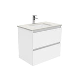 Fienza Sarah Quest Wall Hung Vanity 750mm 2 Drawers Silica Free (No Taphole) White / Roman Sand Top SA75Q-0-SF