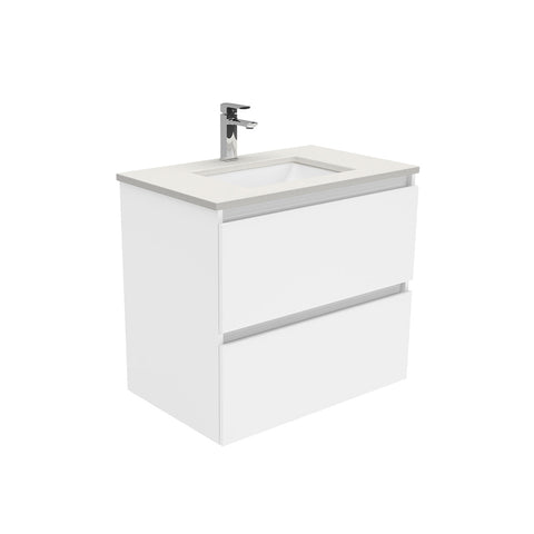Fienza Sarah Quest Wall Hung Vanity 750mm 2 Drawers Silica Free (No Taphole) White / Roman Sand Top SA75Q-0-SF