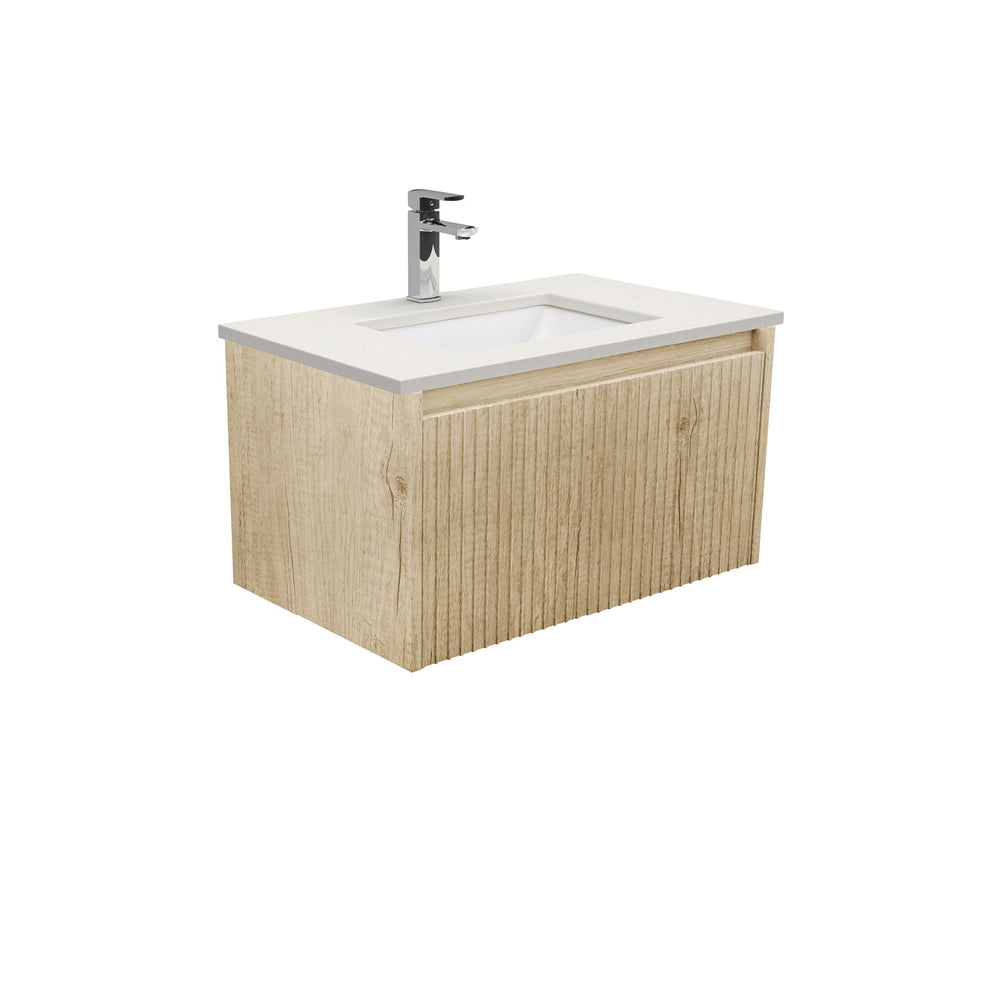 Fienza Sarah Alina Wall Hung Vanity 750mm 1 Drawer Silica Free (No Taphole) Scandi Oak / Roman Sand Top SA75RSC-0-SF