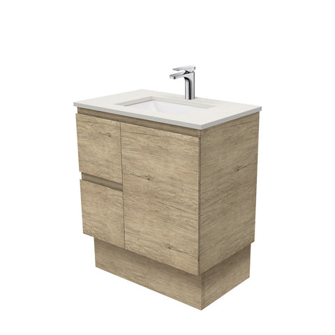 Fienza Sarah Edge On Kickboard Vanity 750mm Left Silica Free (No Taphole) Scandi Oak / Roman Sand Top SA75SKL-0-SF