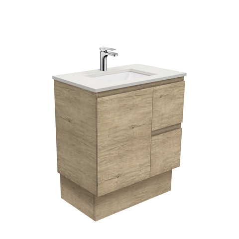 Fienza Sarah Edge On Kickboard Vanity 750mm Right Silica Free (No Taphole) Scandi Oak / Roman Sand Top SA75SKR-0-SF