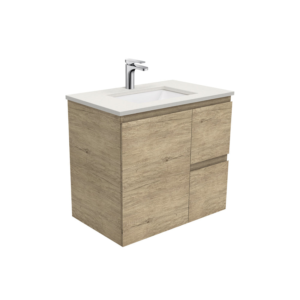 Fienza Sarah Edge Wall Hung Vanity 750mm Right Silica Free (No Taphole) Scandi Oak / Roman Sand Top SA75SR-0-SF
