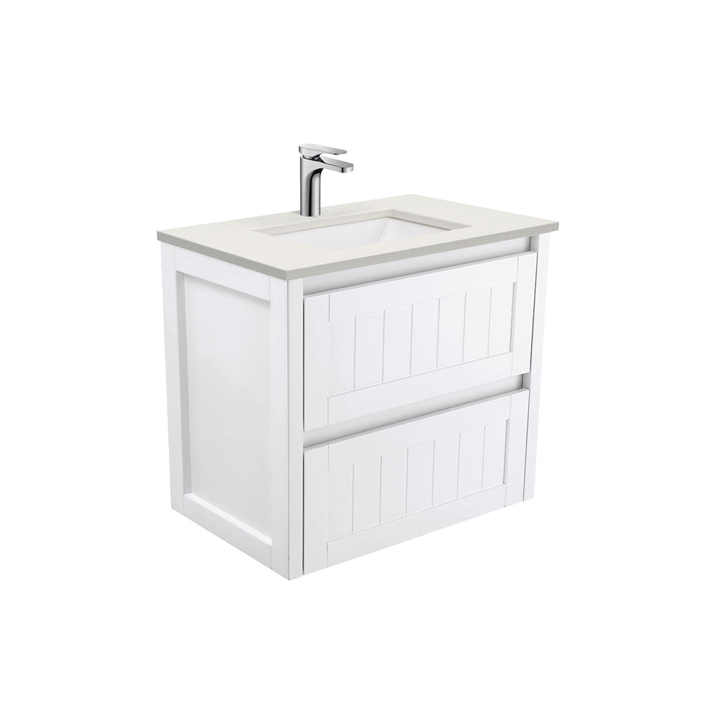 Fienza Sarah Hampton Wall Hung Vanity 750mm Silica Free (No Taphole) White / Roman Sand Top SA75T-0-SF