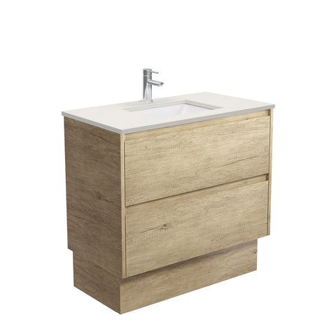 Fienza Sarah Amato On Kickboard Vanity 900mm Silica Free (No Taphole) Scandi Oak / Roman Sand Top SA90BSK-0-SF