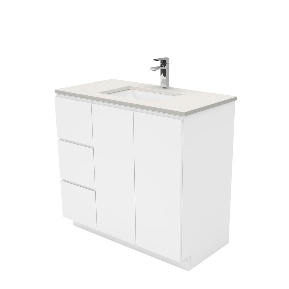 Fienza Sarah Fingerpull On Kickboard Vanity 900mm Left Silica Free (No Taphole) White / Roman Sand Top SA90CL-0-SF