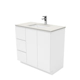 Fienza Sarah Fingerpull On Kickboard Vanity 900mm Left Silica Free (No Taphole) White / Roman Sand Top SA90CL-0-SF