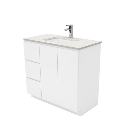 Fienza Sarah Fingerpull On Kickboard Vanity 900mm Left Silica Free (No Taphole) White / Roman Sand Top SA90CL-0-SF